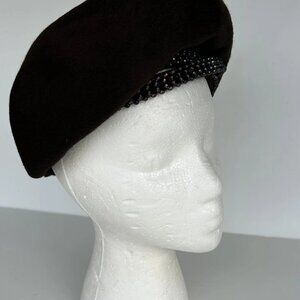 Vintage 1950s Christian Dior Chapeaux Fur Felt Beret Beaded Trim Sz 22